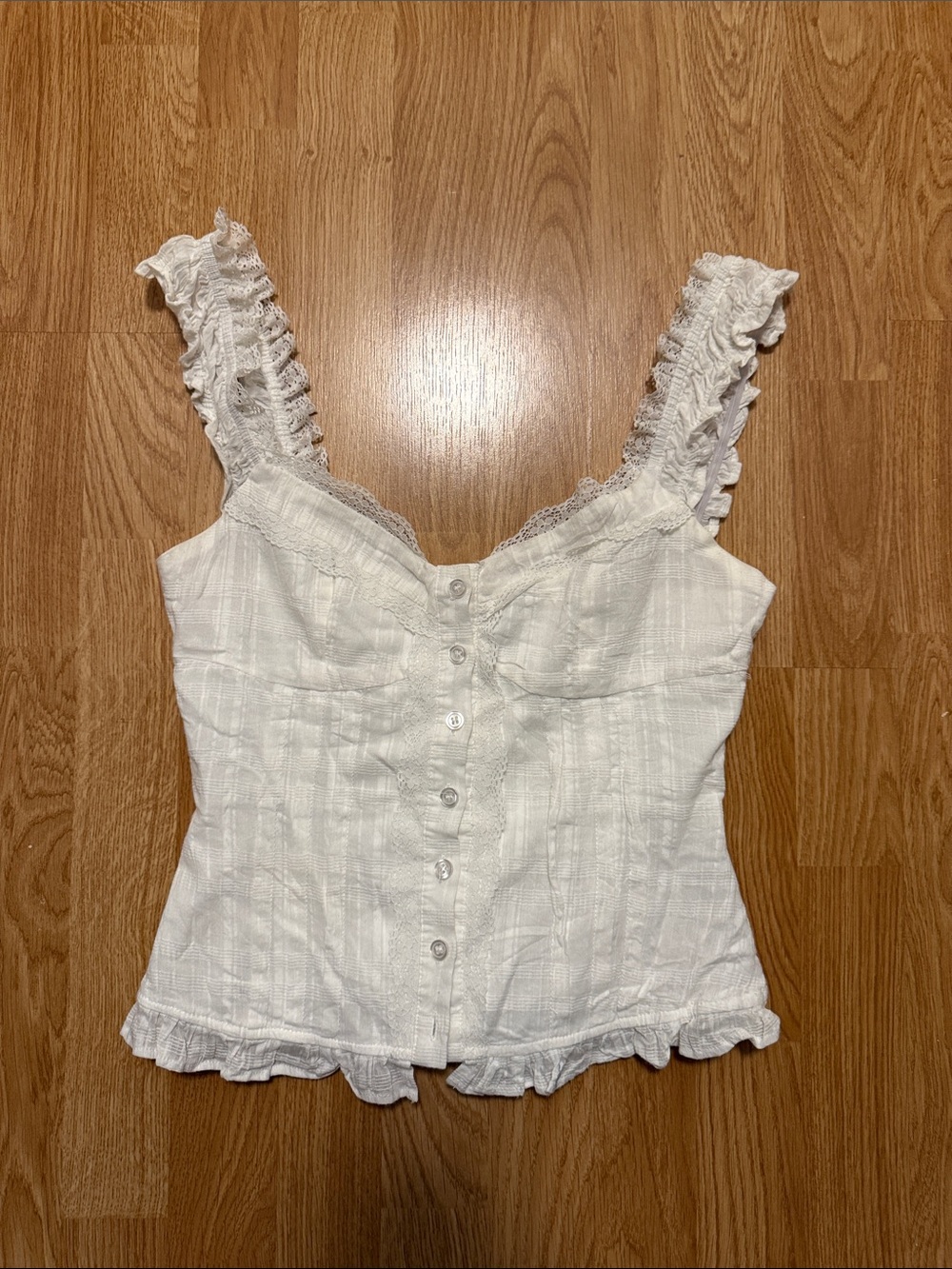 Peppermayo White Ruffle Lace-Trim Button Front Cami